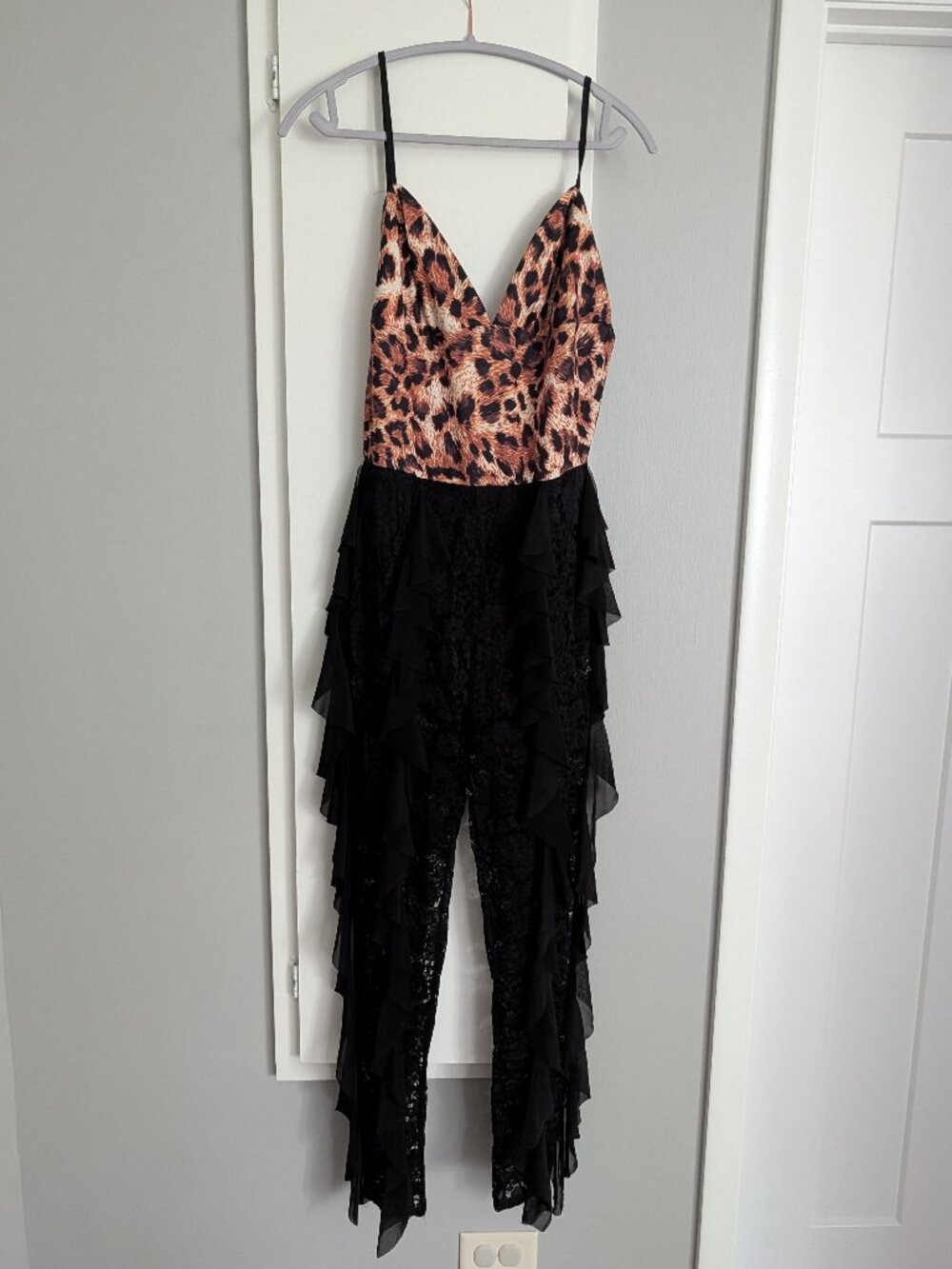 Leopard Print Black Lace Statement Jumpsuit, Size M